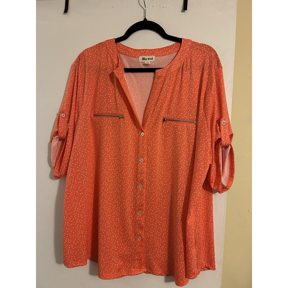 Blue Mood Women's 3X Orange Polka Dot V-Neck Roll Tab 3/4 Sleeve Blouse